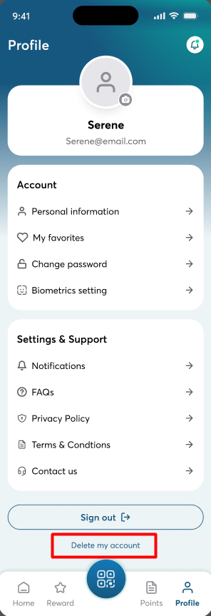 The Addie app Profile screen, with the "Delete my account" link below the Sign out button highlighted in red.
