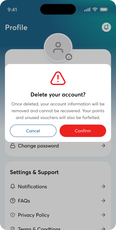 The "Delete your account?" confirmation dialog in the Addie app, with Cancel and Confirm buttons.