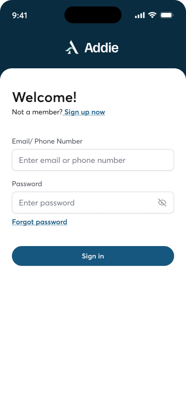 The Addie app Sign in screen, shown after an account has been deleted.